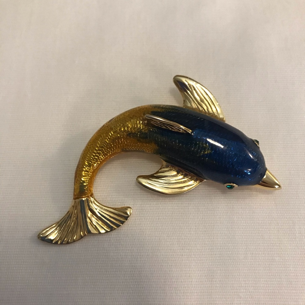 Gold & Blue Dolphin Brooch